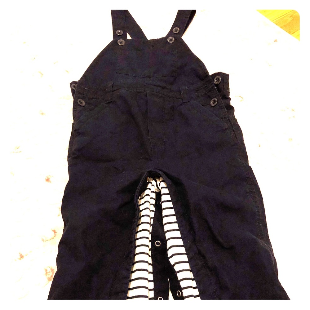 Gap boys long navy blue overalls w/ striped lining